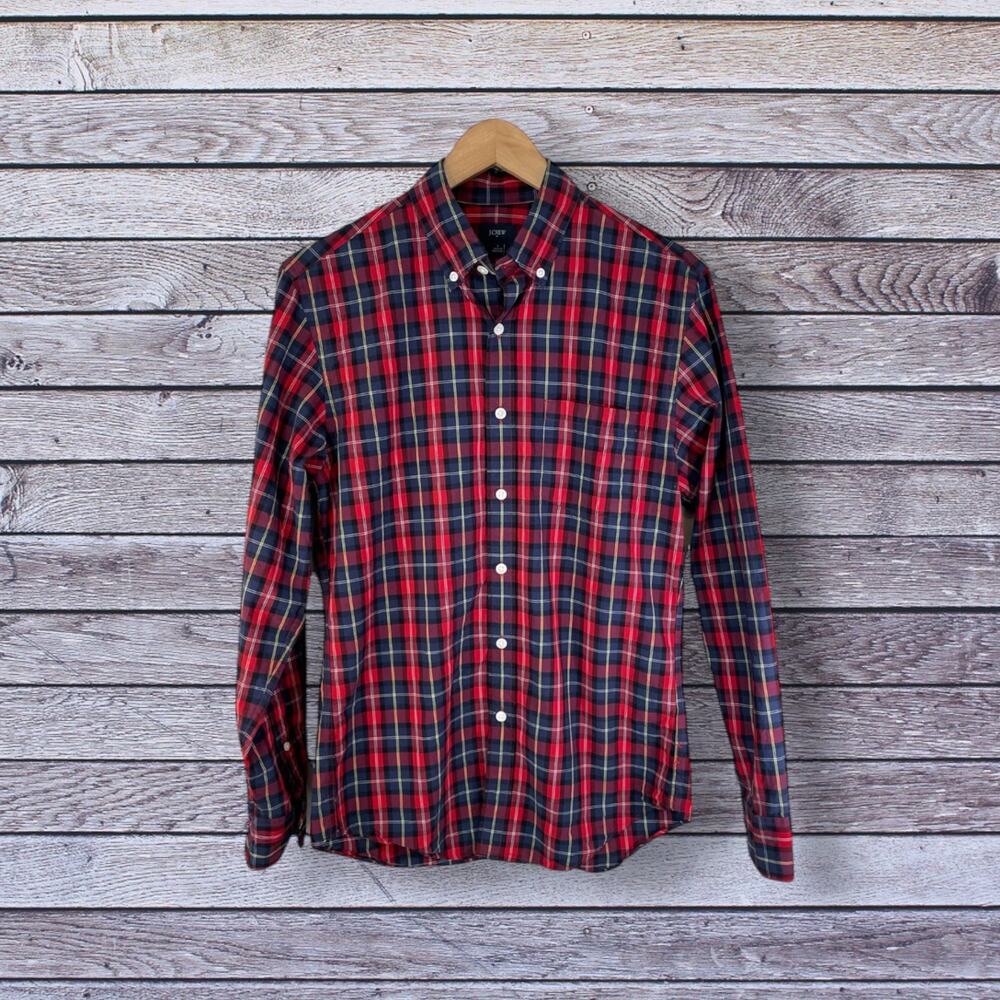 J Crew Men Plaid Button Down Long Sleeve Cotton Shirt Red Blue S Grunge Band Y2k - Picture 8 of 8